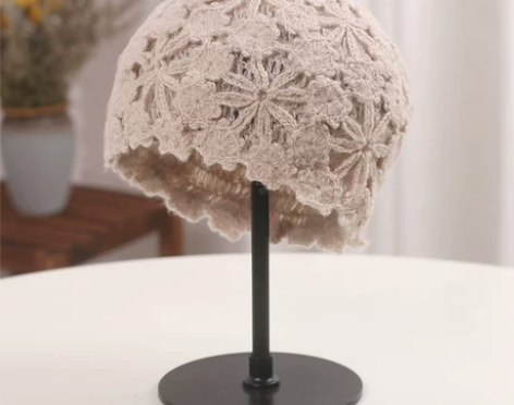 日系小众复古文艺蕾丝花朵镂空包头帽女甜美时...