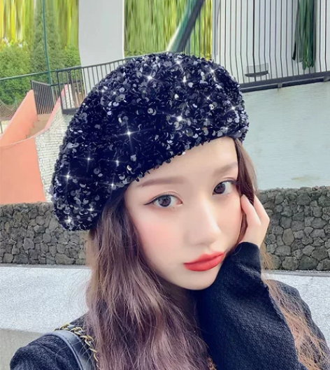 网红时尚亮片贝雷帽子女秋冬韩版潮百搭英伦复...