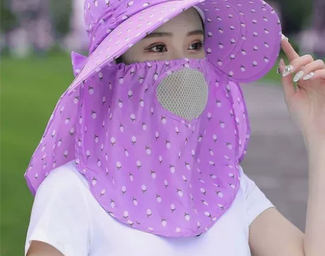 夏季防晒帽采茶防风遮阳帽防紫外线遮脸护颈骑...