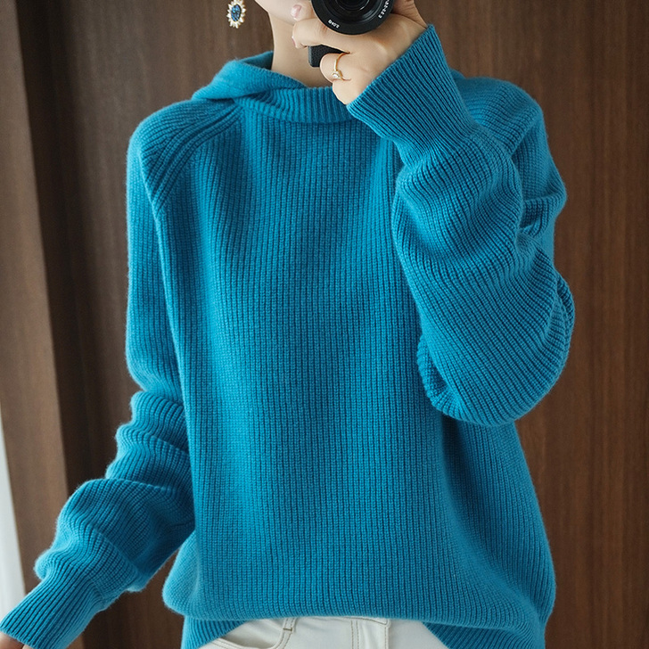 秋冬新款纯羊毛衫女盆领连帽套头卫衣插肩袖羊...