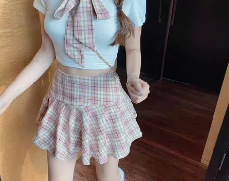 学院风jk制度领带露脐上衣高腰百褶群半身裙...