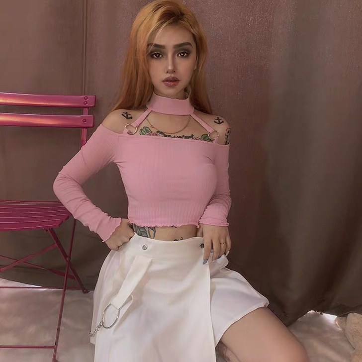 KLIOU 少女粉色修身短款露脐t恤挂脖设...