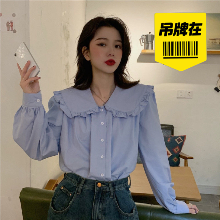 小清新木耳边娃娃领甜美韩版宽松复古洋气衬衫...