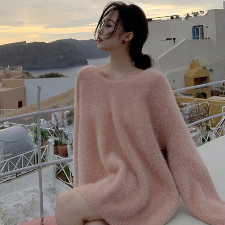 粉色水貂绒v领套头打底毛衣女秋冬内搭新款宽...
