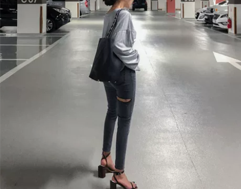 韩国灰色前后破洞牛仔裤女小脚裤高腰紧身显瘦...