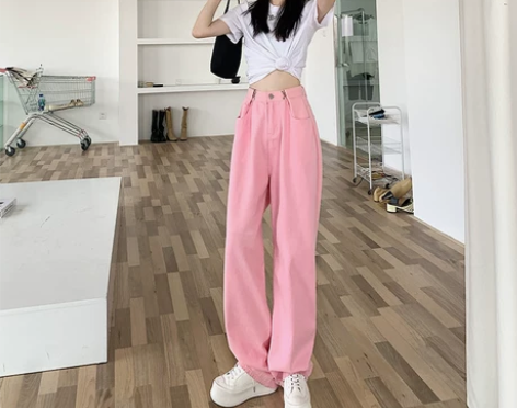【潮流周价】ZNZW粉色牛仔裤女春秋高腰宽...
