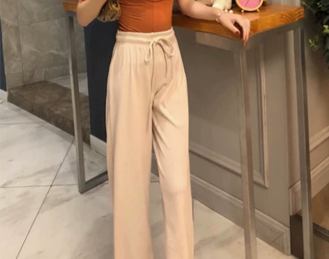 晚时光 显瘦高腰休闲阔腿裤晚新款复古舒适长...