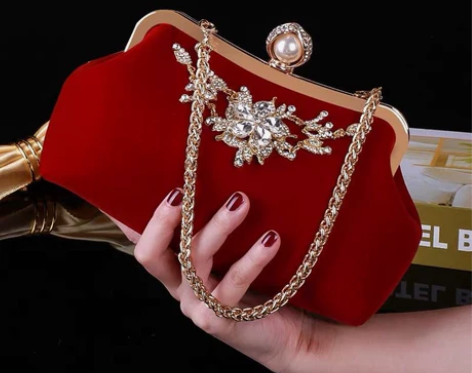 红色手拿包新娘婚礼包结婚手提包丝绒礼服包