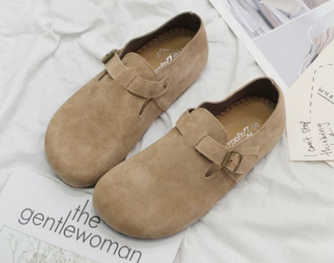 日系真皮单鞋女森女系复古皮带扣平底大头娃娃...