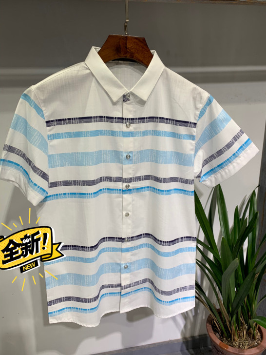 福利款男士夏天短袖衬衫宽松休闲衬衣条纹翻领...
