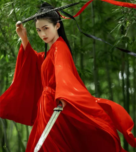 红色魏晋制汉服女超仙气飘逸古风武侠帅气中国...