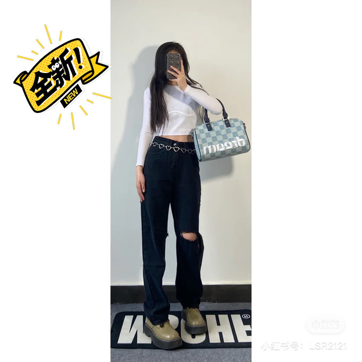 全新黑色破洞九分裤