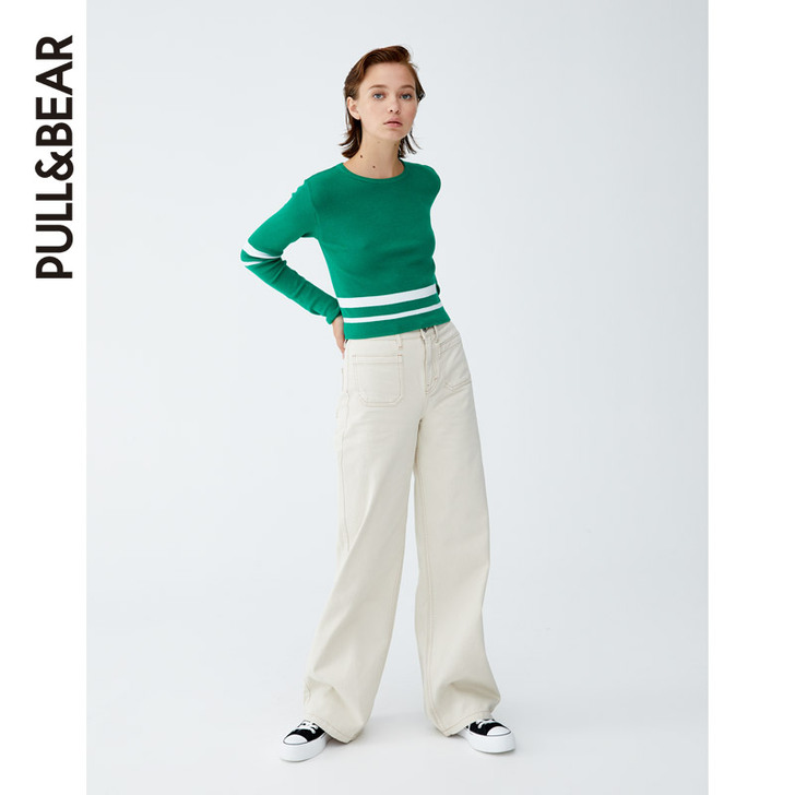 PullAndBear 女士圆领短版针织衫...