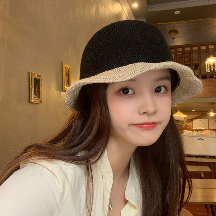 编织双色拼接渔夫帽女夏天防晒可爱日系潮韩版...