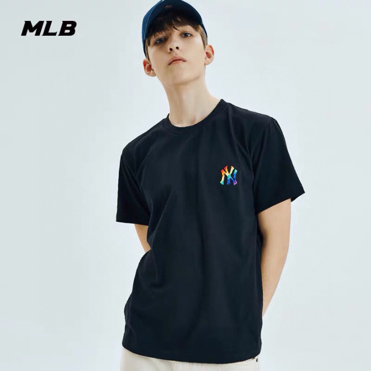 MLB正品彩虹刺绣logo宽松情侣短袖T恤...