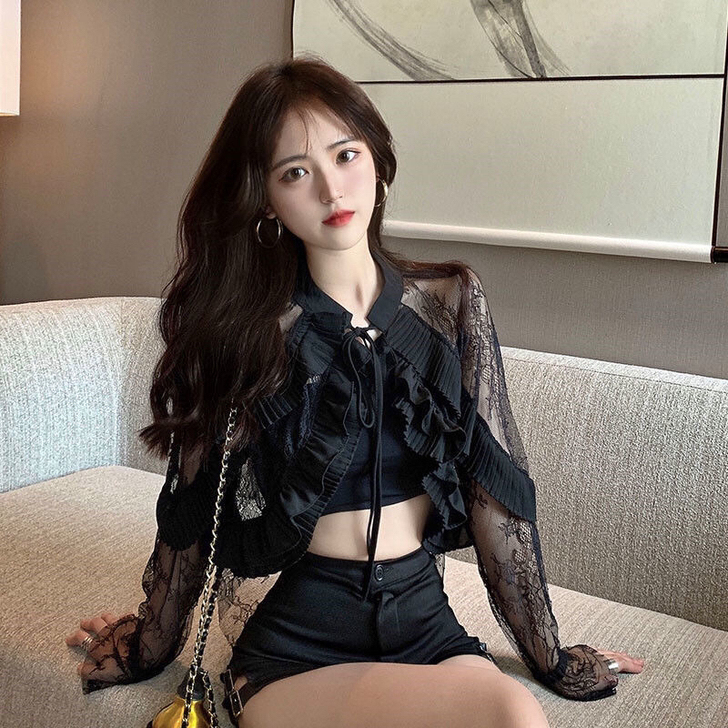 超性感辣妹荷叶边气质蕾丝衫外搭披肩上衣女2...