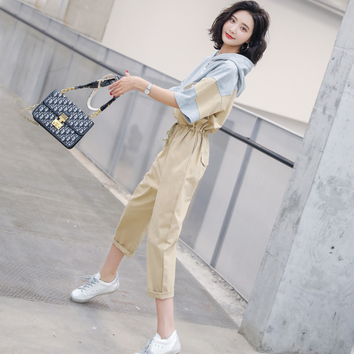 工装女2019新款夏休闲时尚两件衣阔腿洋气...