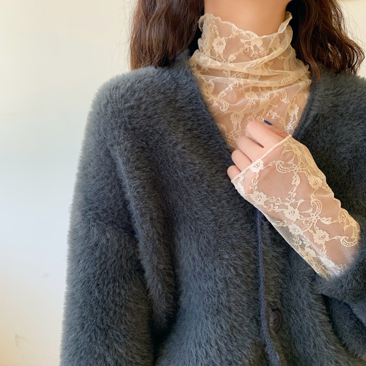 秋冬新款半高领洋气小衫精致内搭蕾丝衫韩版气...