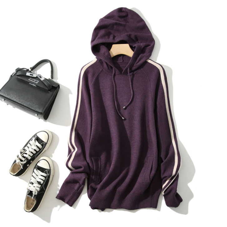 国外的单子 紫色侧边拼条小宽松连帽毛衣 卫...