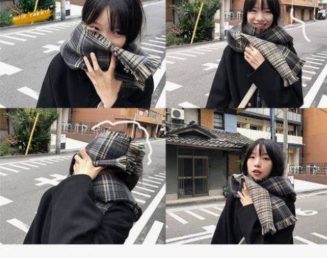 ?奶兔星球-温暖の双面毛呢格子围巾女冬季日...