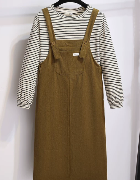 背带裙 背带半身裙复古工装灯芯绒小个子胖m...