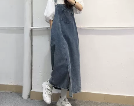 盐系不规则开叉牛仔背带裙夏季女复古宽松显瘦...