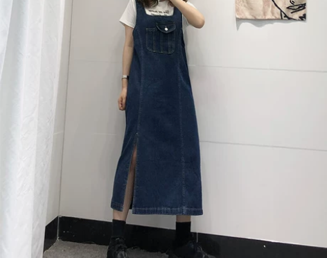 背带裙 吊带背带裙深蓝色开叉牛仔裙女宽松夏...