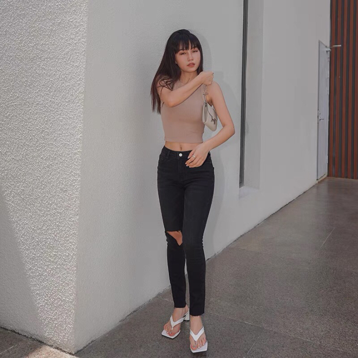 LEIYU破洞牛仔裤女修身2020新款弹力...