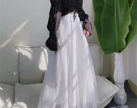 雪纺半身裙女中长款大摆纱裙双层高腰垂感显瘦...