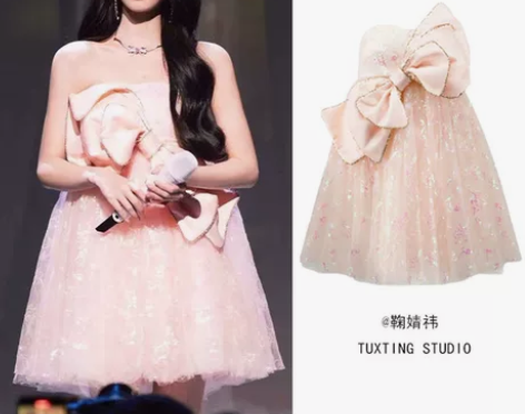 鞠婧祎同款蝴蝶结抹胸连衣裙薄纱亮片裹胸裙蓬...