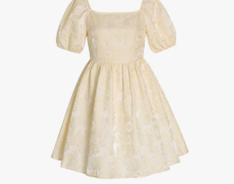 法式方领蓬蓬裙连衣裙女夏小个子提花露背泡泡...