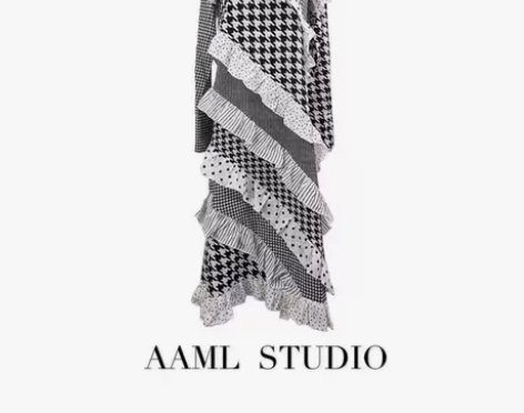 小众设计荷叶边千鸟格波点双拼连衣裙斜边层叠...