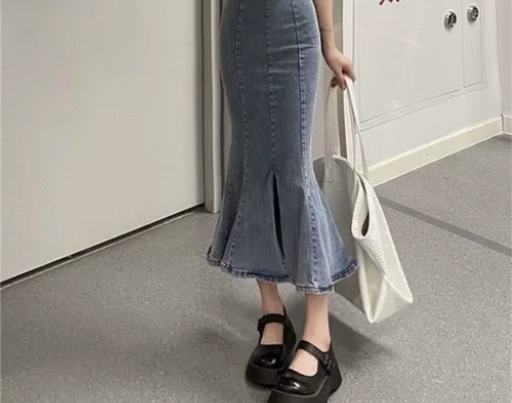 小个子高腰牛仔半身裙新款开叉荷叶边弹力紧身...