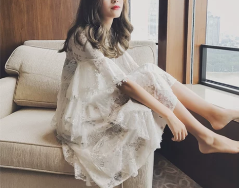 谜秀 蕾丝连衣裙女2017夏装新款韩版勾花...