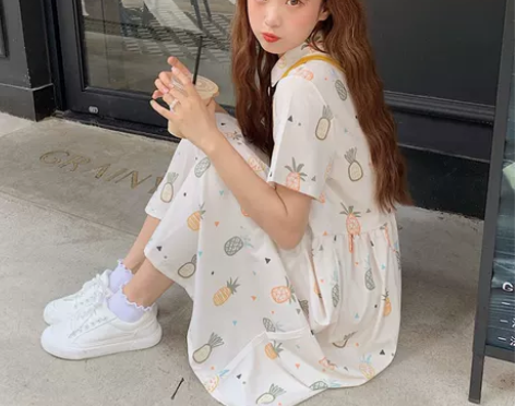 裙子女夏装韩版甜美学院风可爱菠萝印花POL...