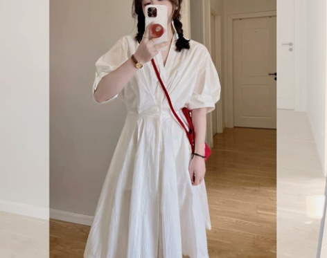 【初夏上新价】法式赫本风雪纺白色衬衫连衣裙...