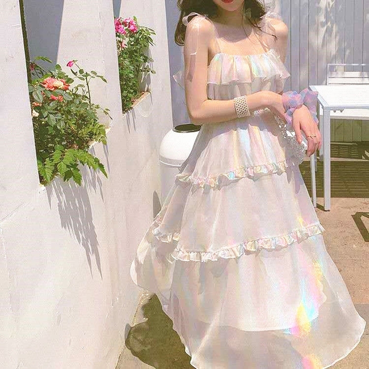 2021夏季森系过膝仙女长裙七彩鎏金纱超仙...
