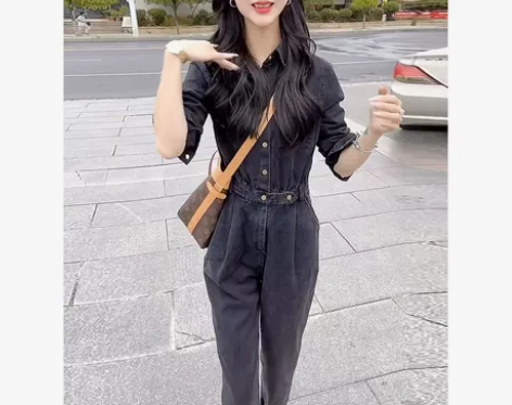 欧货高端工装牛仔连体裤女2022年春秋高腰...