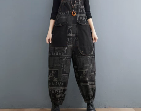 背带牛仔裤 复古牛仔背带裤文艺大码胖妹妹宽...