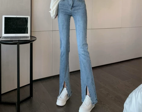 牛仔裤开叉修身弹力微喇高腰直筒显瘦长裤女春...