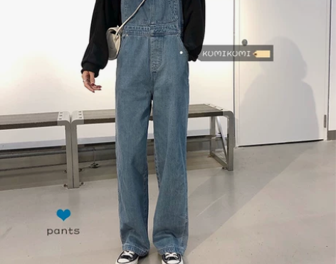 百搭拖地水洗牛仔背带裤女春季韩版宽松减龄学...