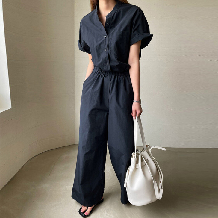 气质休闲连体裤女夏季直筒阔腿长裤套装收腰显...