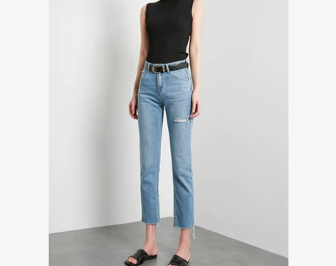 浅蓝色小直筒牛仔裤女高腰2021春夏新款破...