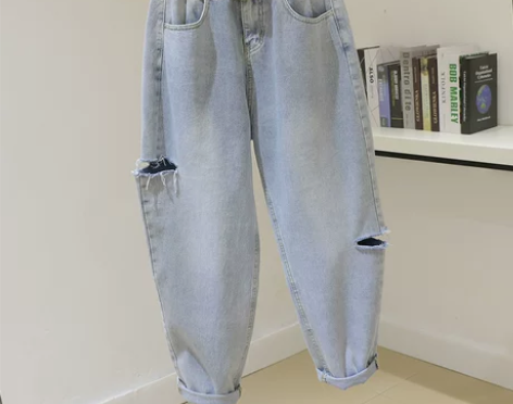 港风破洞牛仔裤女2022春秋新款韩版百搭宽...