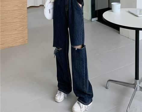 设计感小众破洞牛仔裤chic港味女秋202...