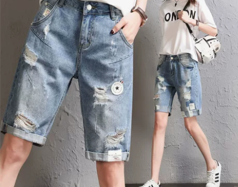 破洞牛仔裤五分裤女大码乞丐裤高腰宽松哈伦热...