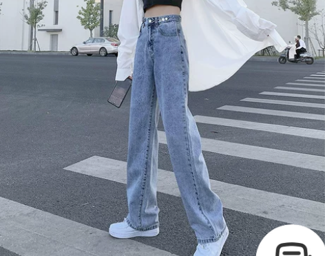 浅色高腰牛仔裤女夏直筒宽松显瘦春装2021...
