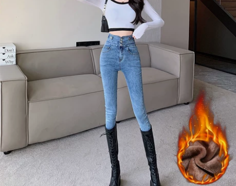 2022年冬季加绒牛仔裤裤子高腰紧身弹力