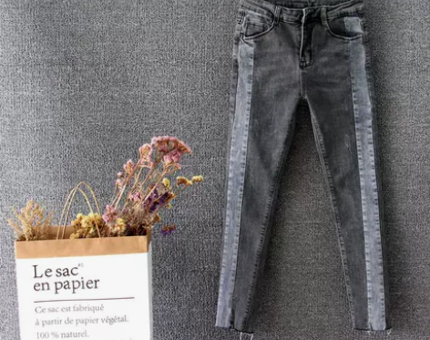 韩国东大门代购新款拼接怀旧牛仔裤女弹力铅笔...