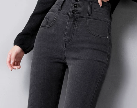 牛仔铅笔裤 铅笔烟灰色加绒高腰裤女2022...